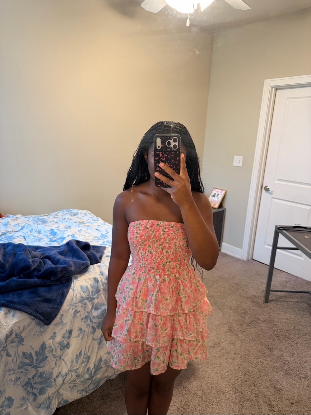 Altar'd State Pink Floral Smocked Strapless Tiered Mini Dress